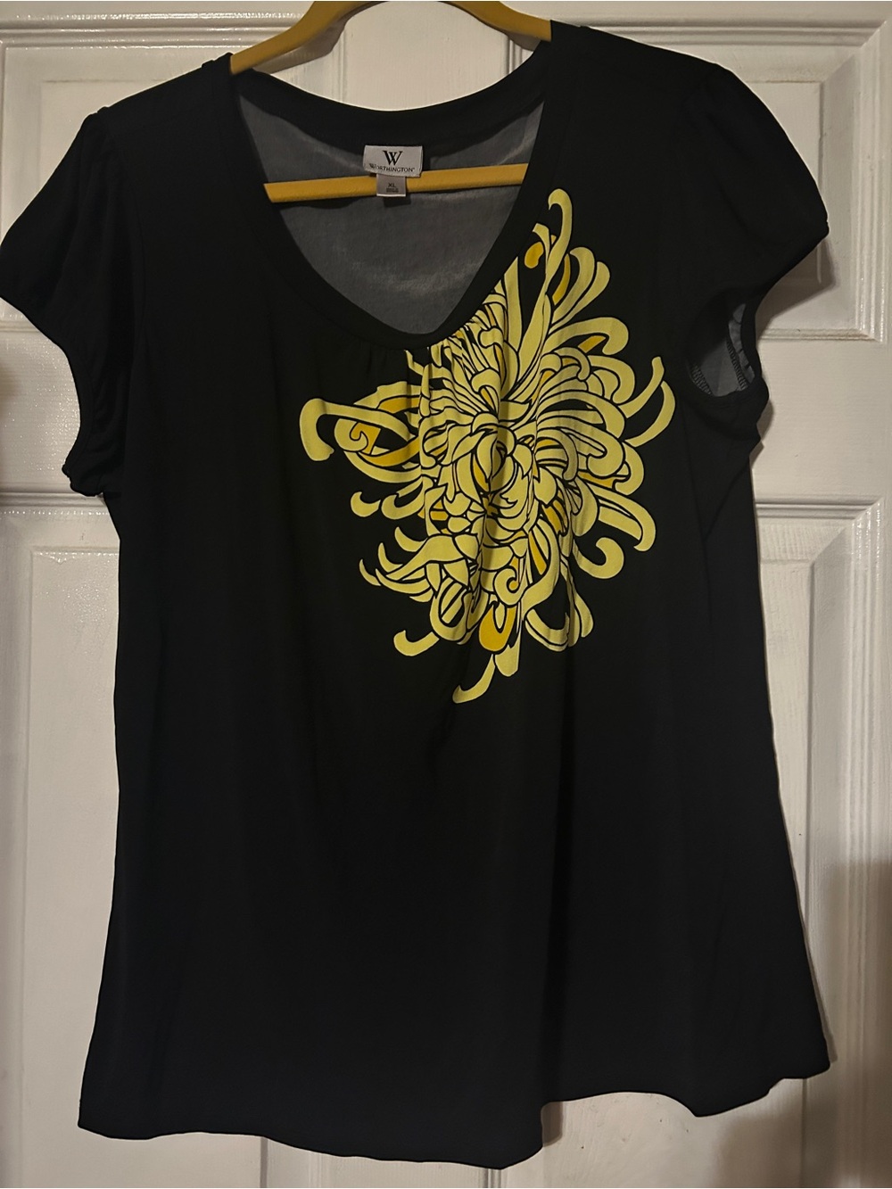 Worthington Black Short Sleeve with Yellow Floral Print